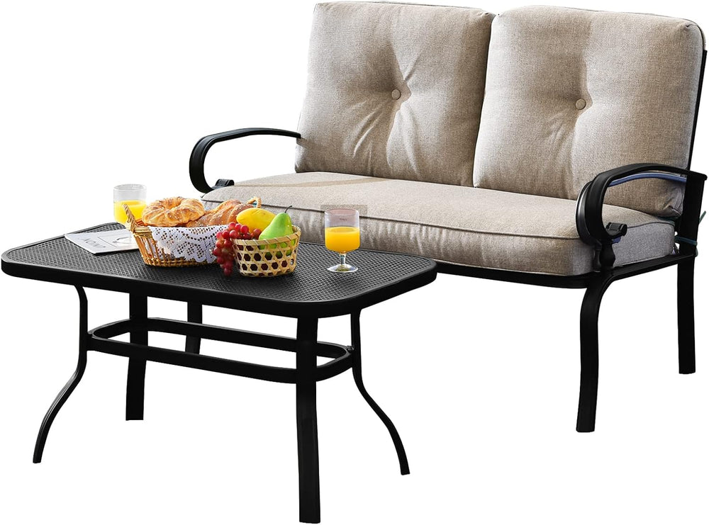 Tangkula Patio Loveseat with Table Set, 2 Seat Cushioned Sofa with Coffee Tab...