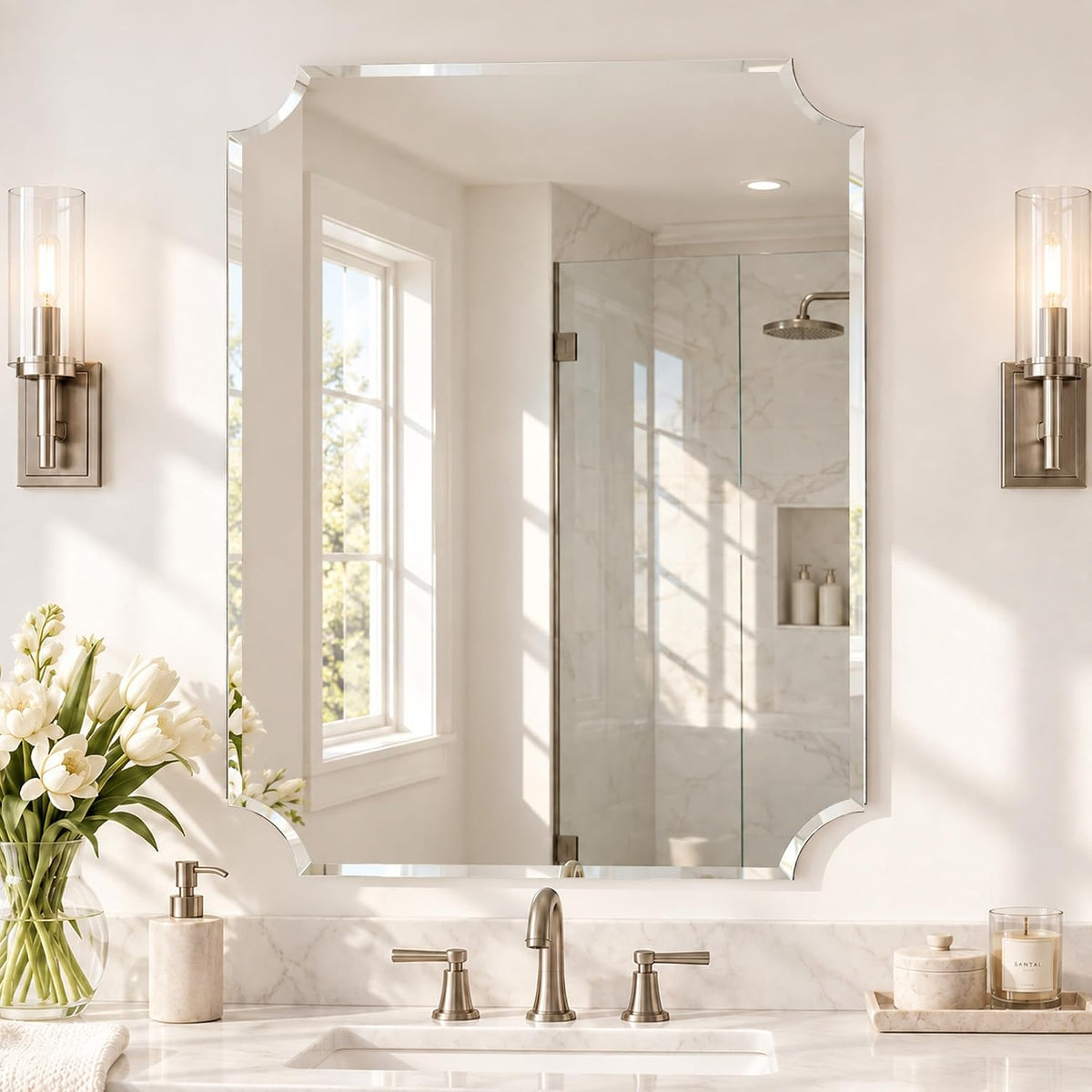 40x30 inch scalloped rectangle frameless beveled wall mirror shown in use