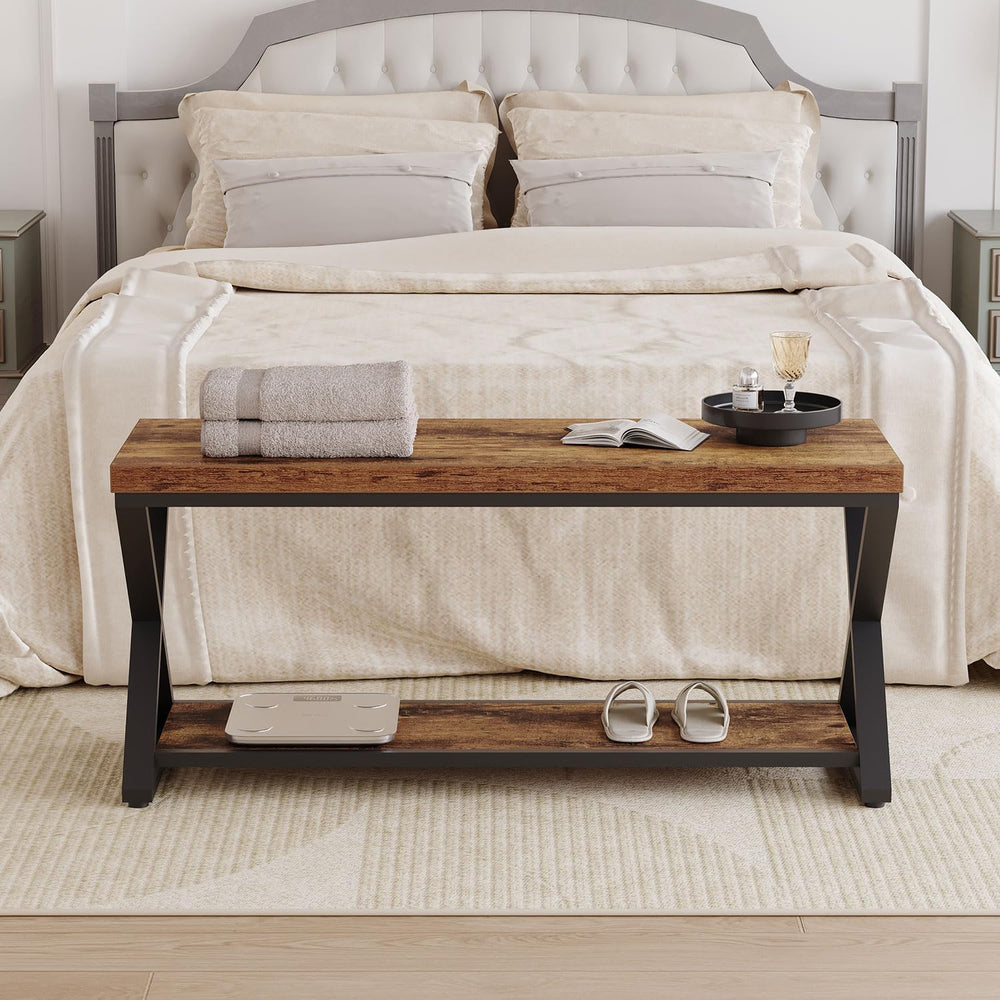 IBF Rustic Entryway Bench with Storage, Rustic Brown Wood and Metal Bench
