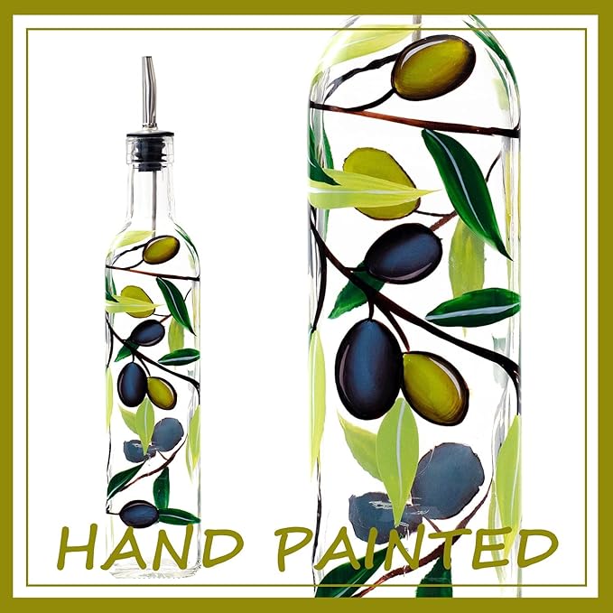 17oz Hand Painted Glass Olive Oil Bottle Dispenser- 500ml Green Oil & Vinegar - Image 2
