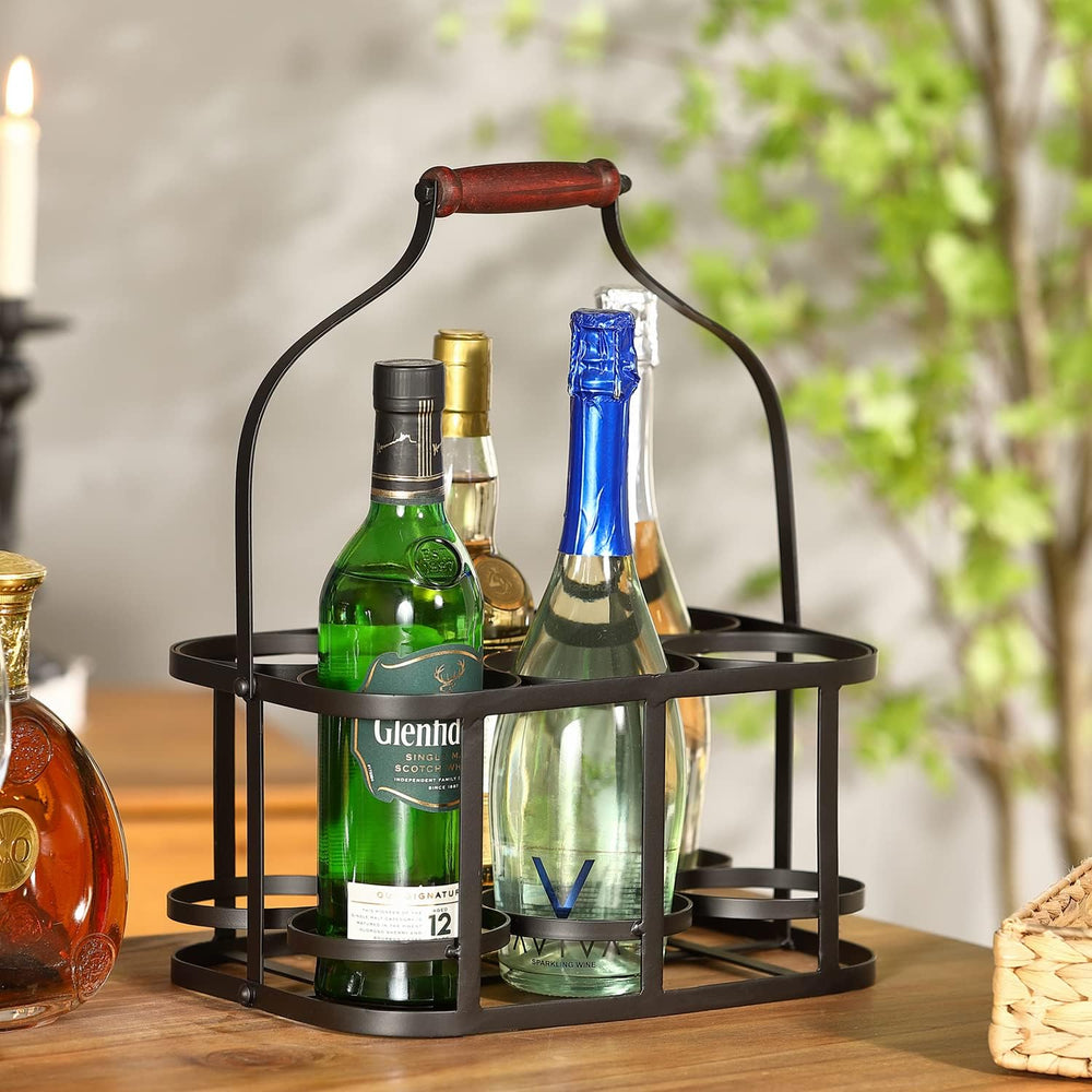 Metal Wine Bottle Carrier 6 Bottle Wine Carrier with Wood Handle (Black) | Fa...