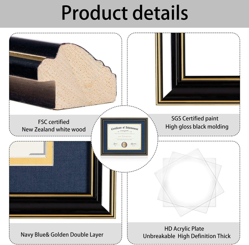 ELSKER&HOME 8.5x11 Diploma Frame with Navy Mat,Real Black Wood