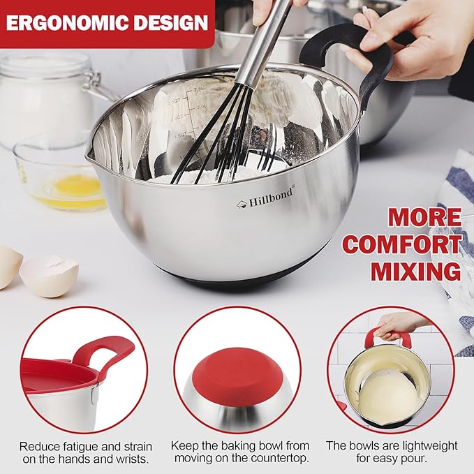 Hillbond Mixing Bowls with BPA Free Airtight Lids Nesting Bowls with Pour Spout - Image 3