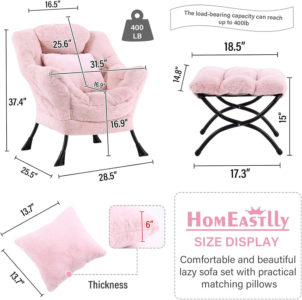 Lazy Chair with Ottoman, Plush Reading Chair with Pillow，Pink