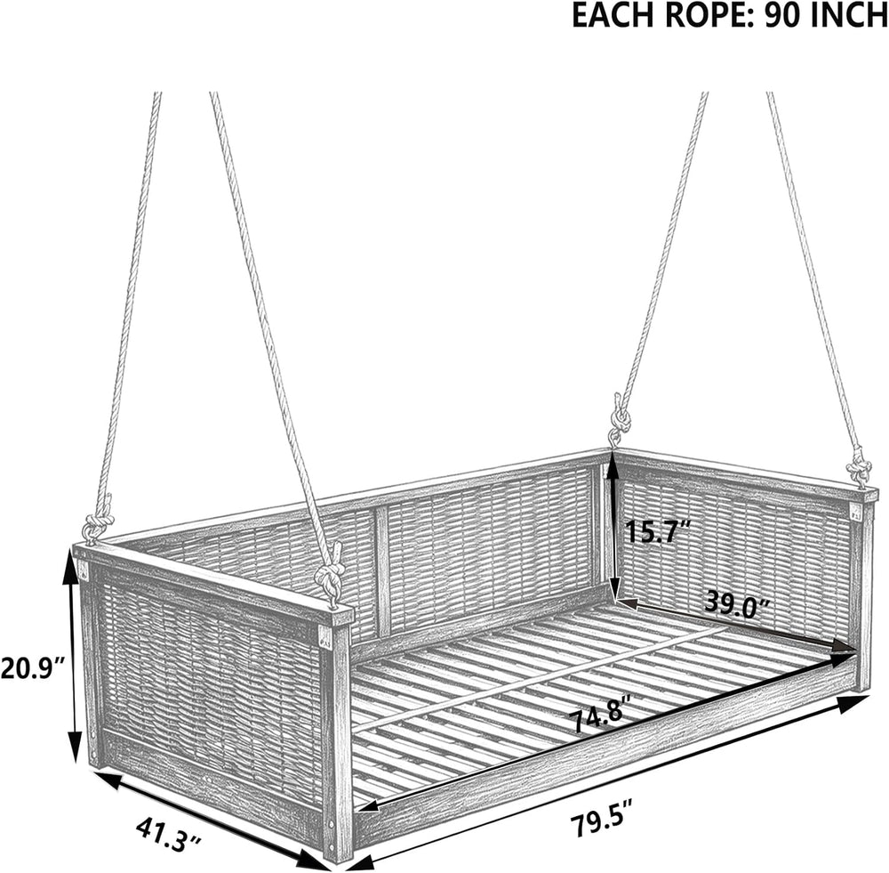 LUMISOL Twin Size Outdoor Porch Swing Bed, Solid Wood Rattan Swing Daybed Fra...