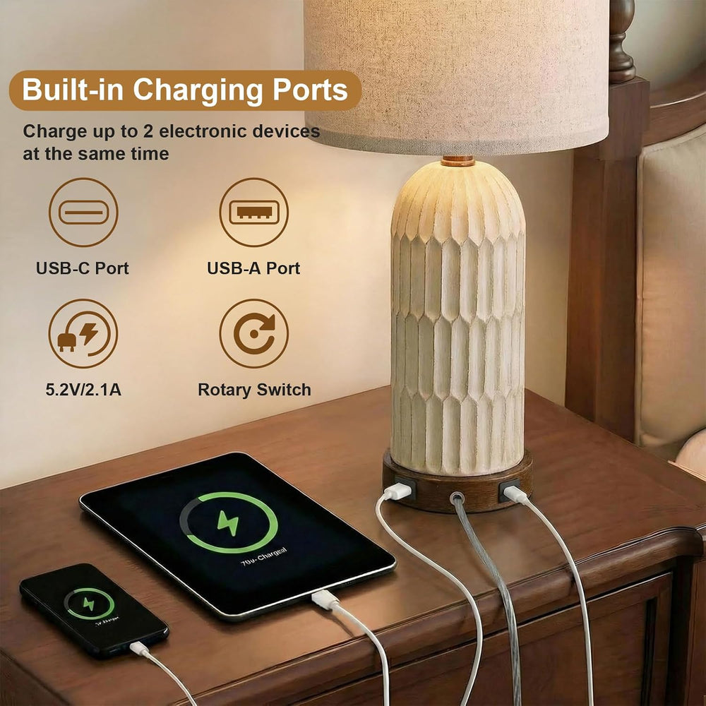 22" Bedside Table Lamps Set of 2, Farmhouse Lamp with USB A+C,Brown