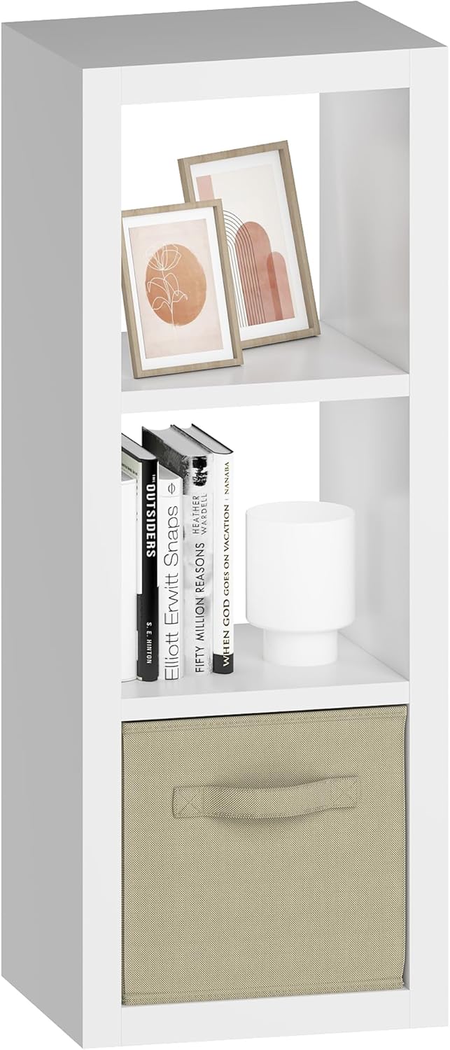 furtble 3 Cube Storage Organizer Shelf with Bins, White 3 Tier Bookcase with ...