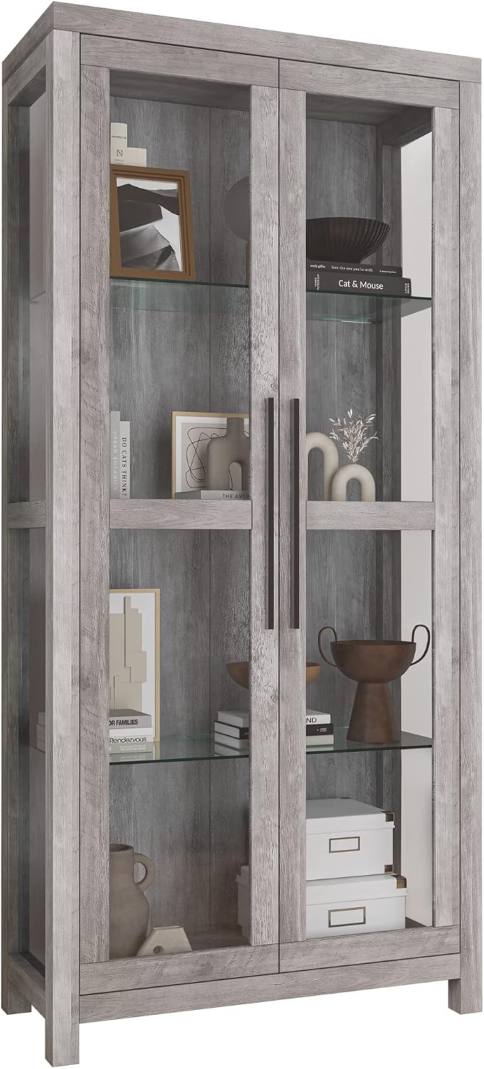 BELLEZE 68" Avalon Glass Display Cabinet - Gray Wash