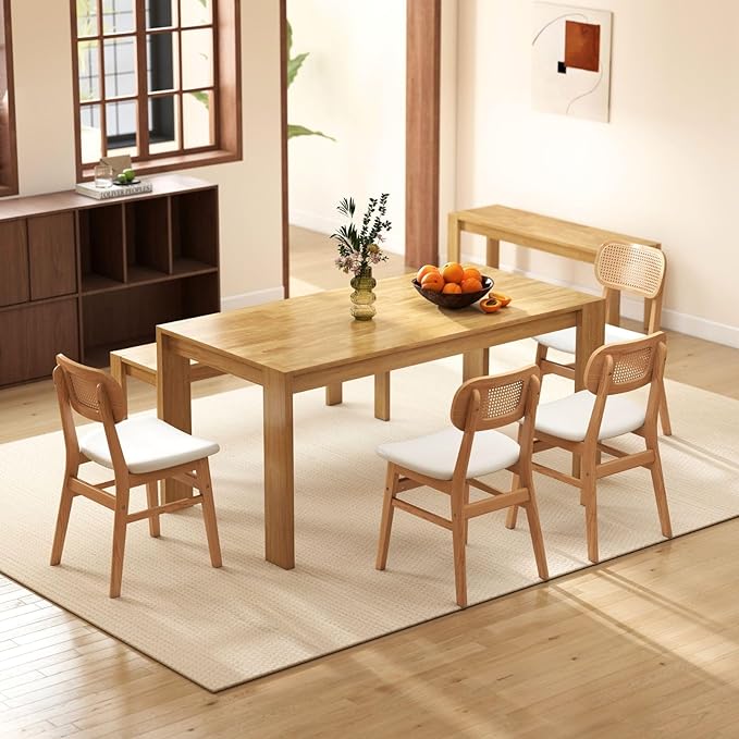 Rattan Dining Chairs Set of 2 White Lambswool Dining Room Chairs Natural Wood...