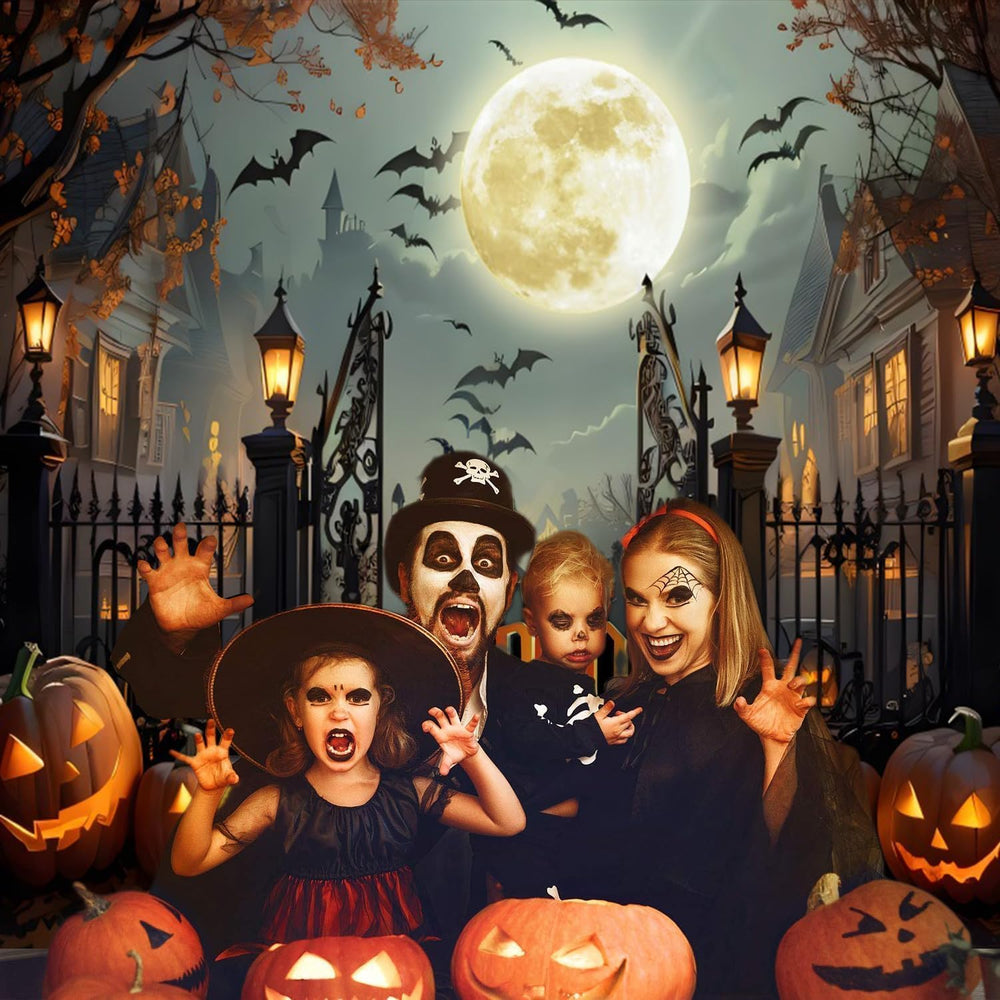 12x8ft Halloween Backdrop Scary Full Moon Night Pumpkin Ghost Castle Hallowee...
