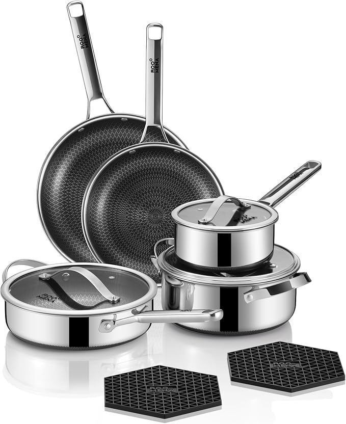 Pots and Pans Set Hybrid Stainless Steel, Dishwasher & Oven Safe, Metal Utensil by Roomena
