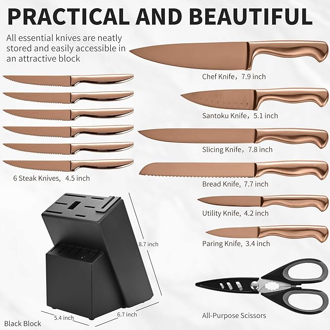 15-Piece Rose Gold Knife Block Set
