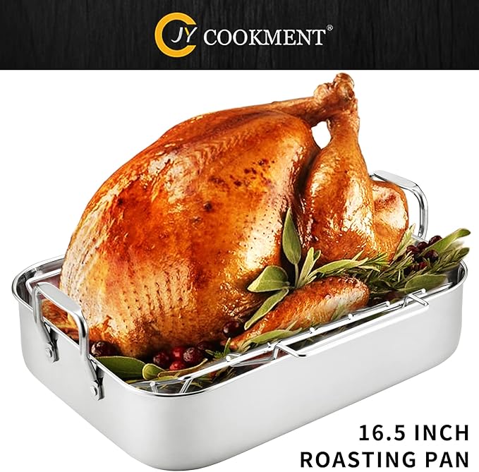 JY COOKMENT Roasting Pan with Baking Rack, 16.5 Inch Stainless Steel Turkey - Image 2