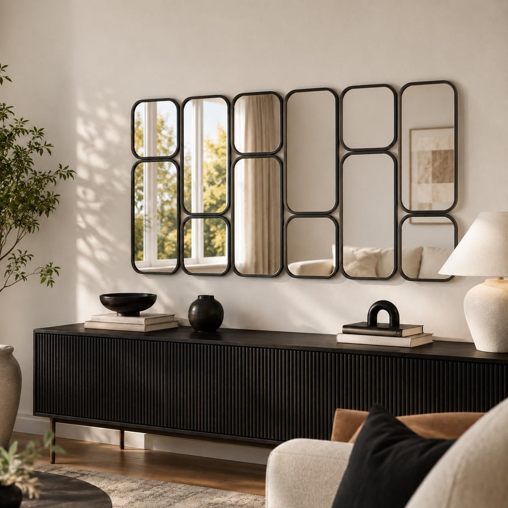 Large Decorative Wall Mirror, 47.2 x 23.6 Inch Black Metal 12-Piece Rounded R...