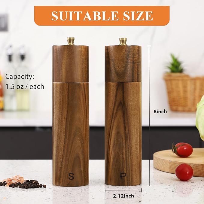 Wooden Salt and Pepper Grinder Set, 8 Inch Manual Salt and Pepper Mill - Image 2