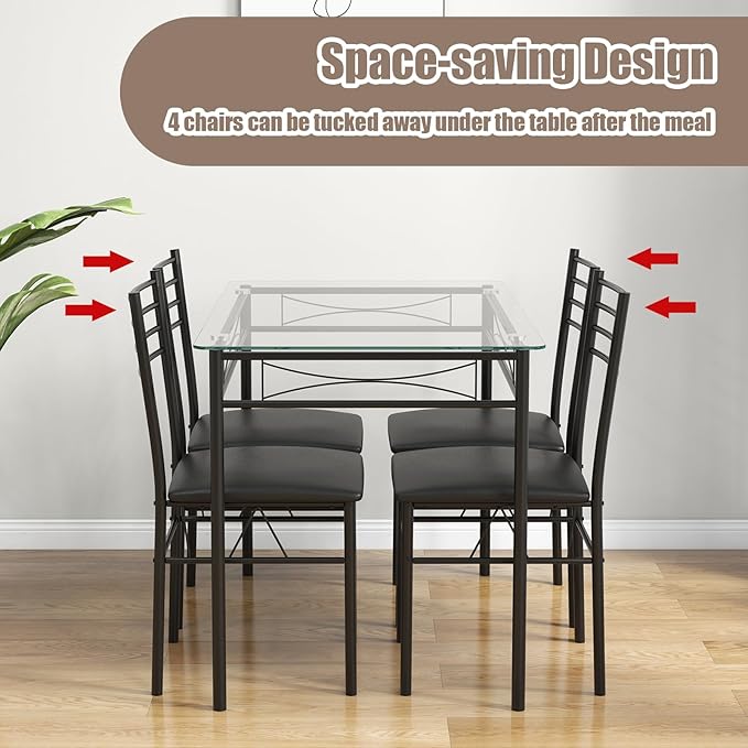 Giantex 5 Piece Dining Table Set, Kitchen Dining Set with Tempered Glass Tabl...