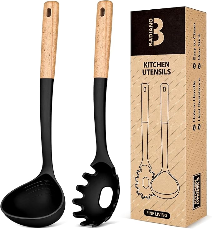 Pasta Fork and Ladle Set, and Sauce Pasta, BPA-Free Matte Silicone, Wood Handle by BADIANO