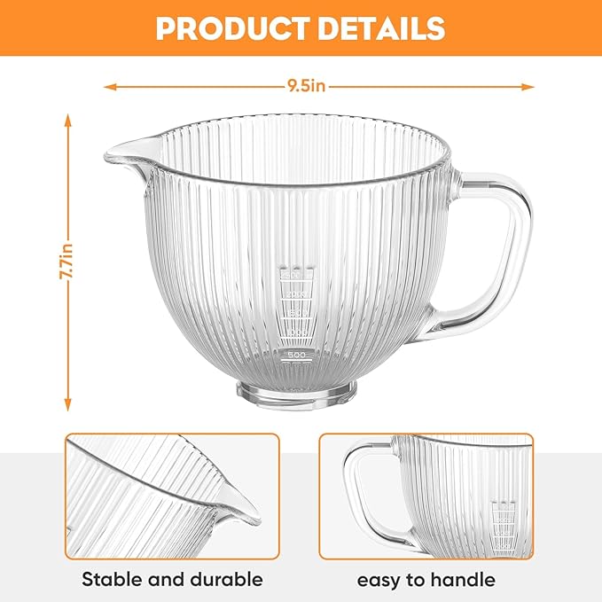 Cofun Glass Mixer Bowl for Kitchenaid Tilt-Head Stand Mixers 4.5-5 Quart - Image 4