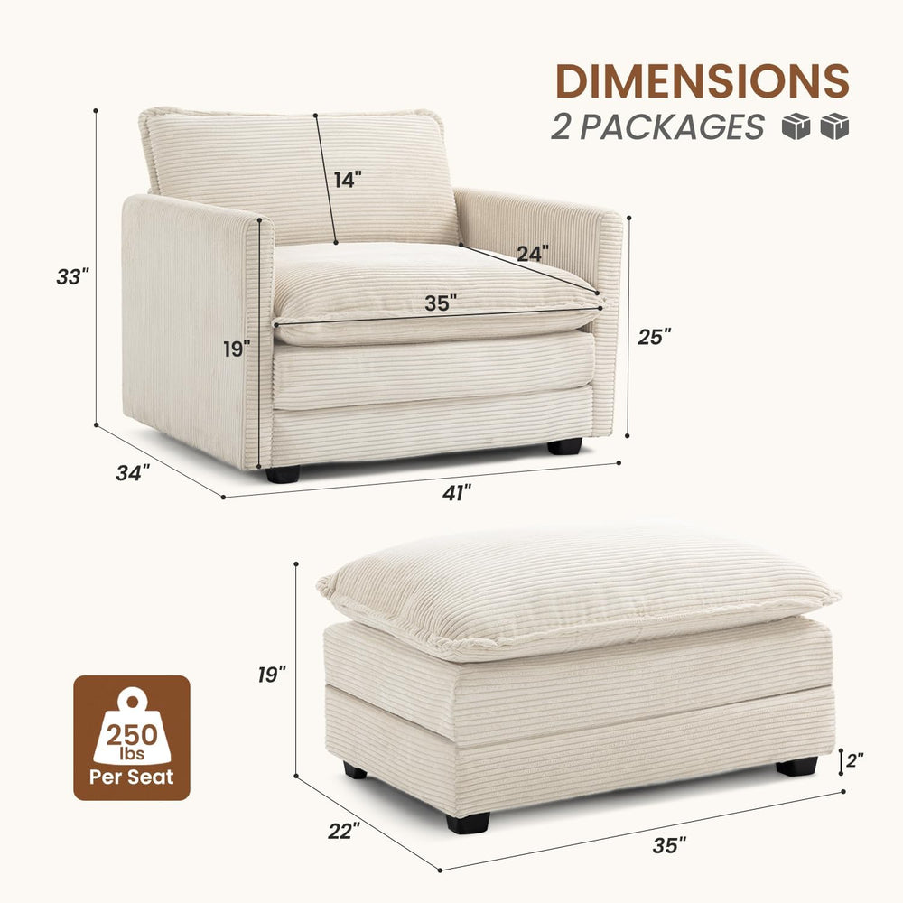 ROWHY 41'' Single Armchair with Ottoman, Modern Corduroy Cloud Couch ...