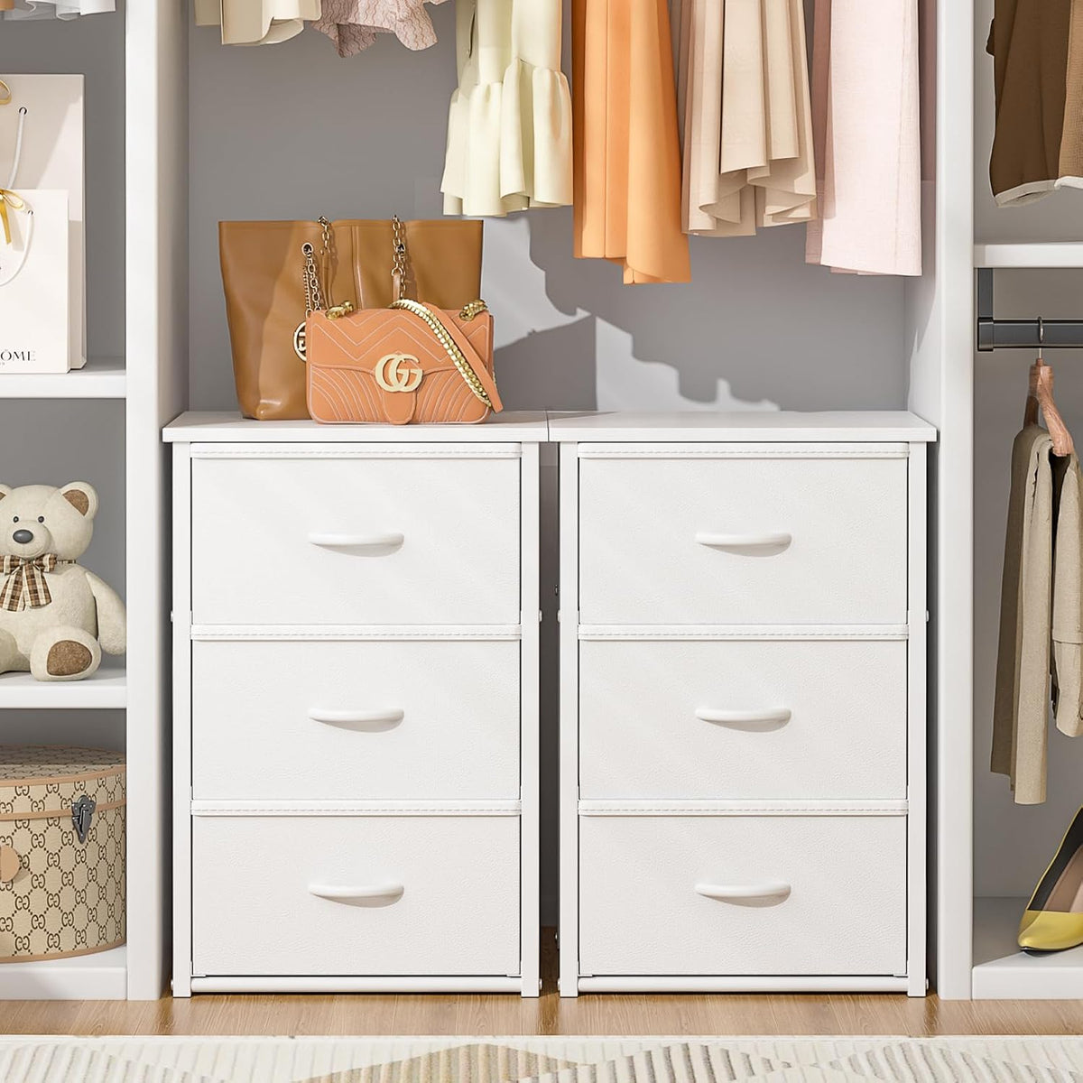 stackable storage drawers (6 drawers total), white closet, main product view