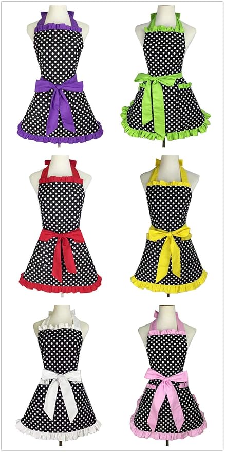 Hyzrz Cute Apron Retro Black Polka Dot Retro Ruffle Side Vintage Cooking Aprons - Image 7