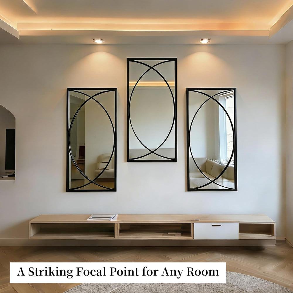 3-Piece Large Black Metal Rectangular Wall Mirror Set, Geometric Mirror