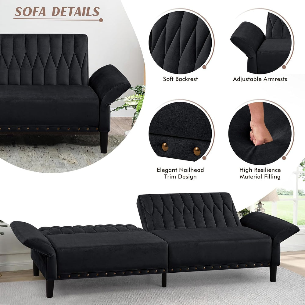 77 Inches Velvet Sofa Bed w/Adjustable Backrests & Armrests, Black