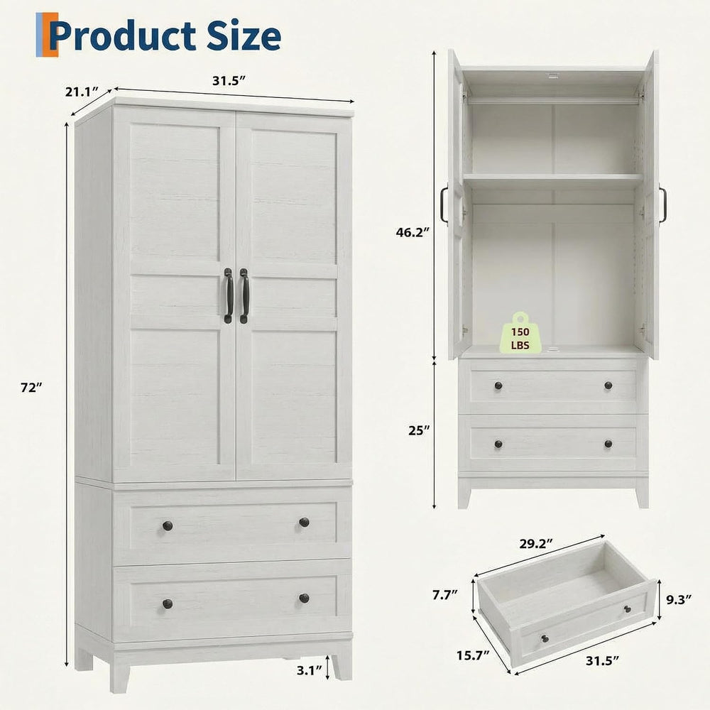 IDEALHOUSE Armoire Wardrobe Closet with 2 Drawers, 72" Tall Wooden Cloth...