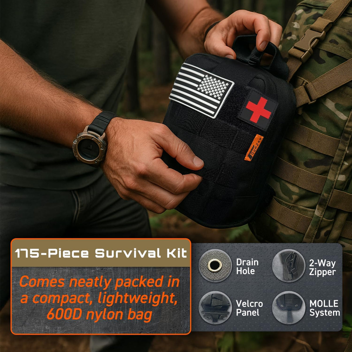 GunZee 175-Piece Survival Kit, First Aid Kit for Emergency and Outdoor Adventures, IFAK, Fishing Gear, MOLLE-Compatible Bag, Car Travel, Camping, Hiking, Earthquake, Tornado, Gifts for Men and Women