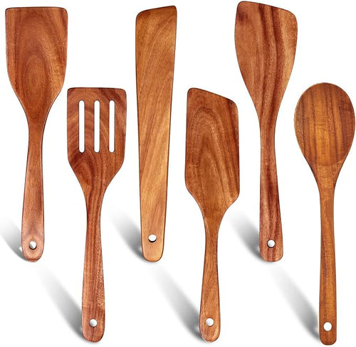 6 Pcs Best Flat Wood Spatula Set Teak Wooden Spoon by Ayiaren