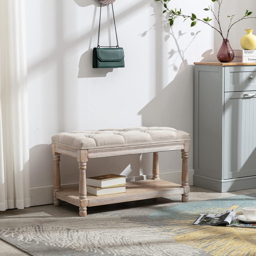 Farmhouse Storage Bench Wooden Entryway Linen Upholstered Ottoman Button Tuft...