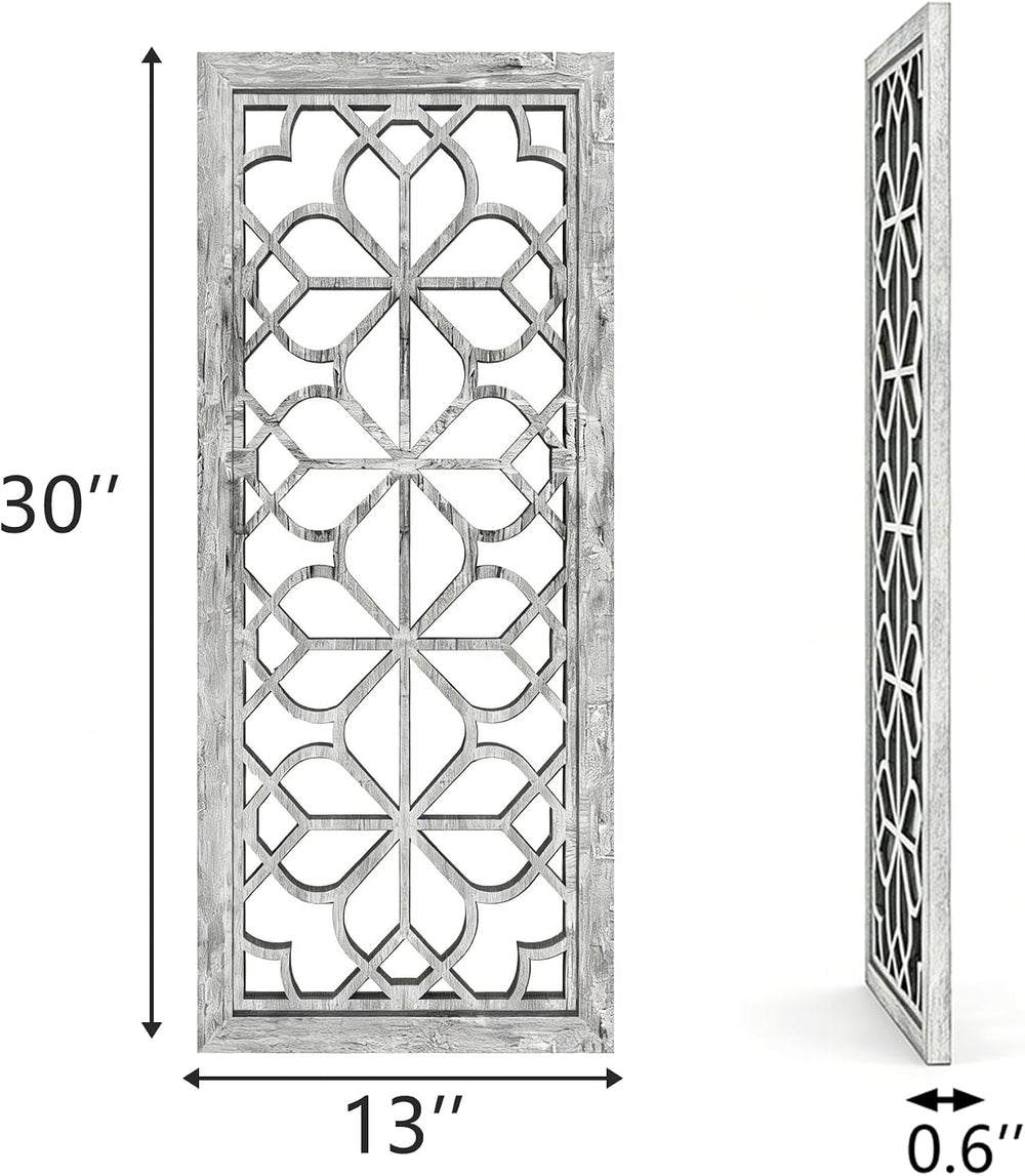 Set of 2 13x30 Inch Large Grey Shatterproof Carved Floral Wood Frame Wall Mir...