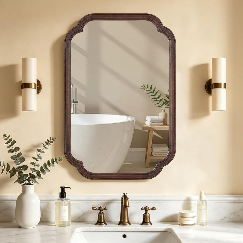 HOMECOOKIN Wood Bathroom Mirror for Wall Decor Arched Rounded Corner Rustic W...