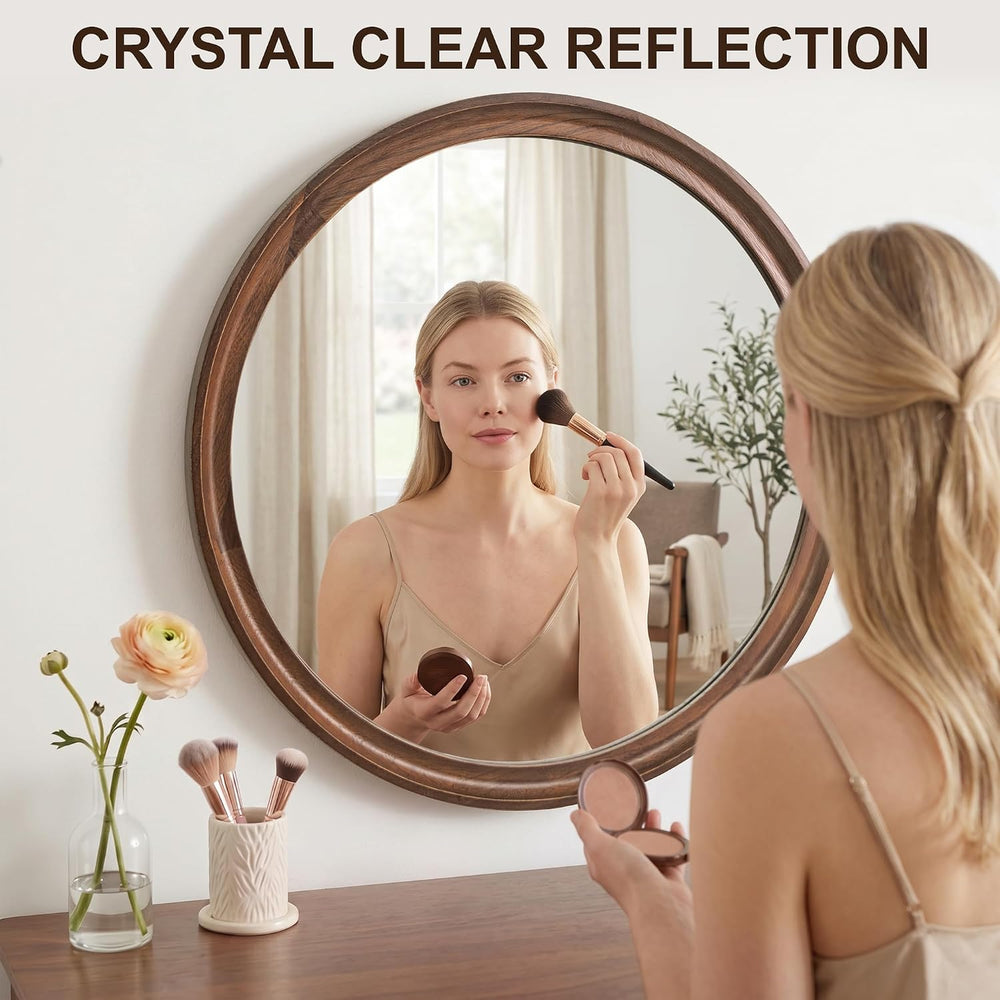 FICTOR Round Wood Mirror, 26" Circle Mirrors for Wall Decor, Walnut Brown