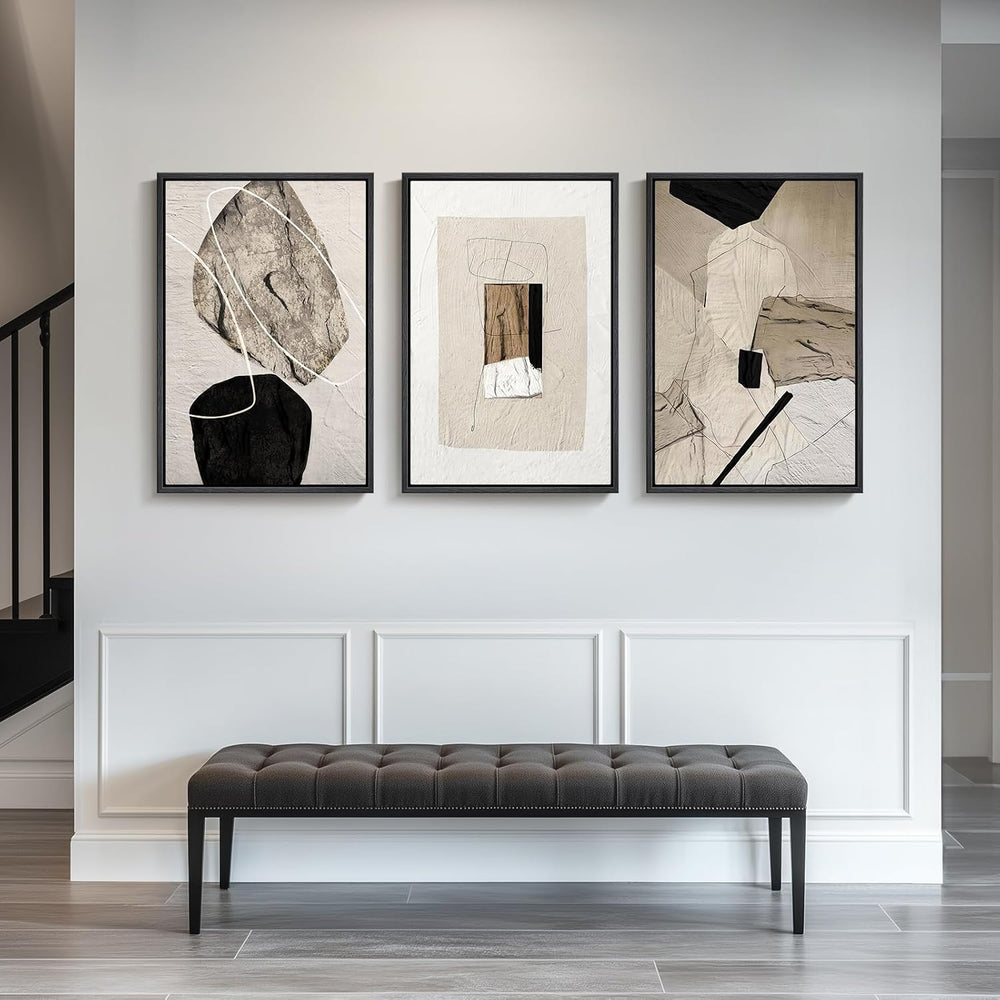 Large Framed Neutral Abstract Wall Art for Living Room,Set of 3, 24x36 In