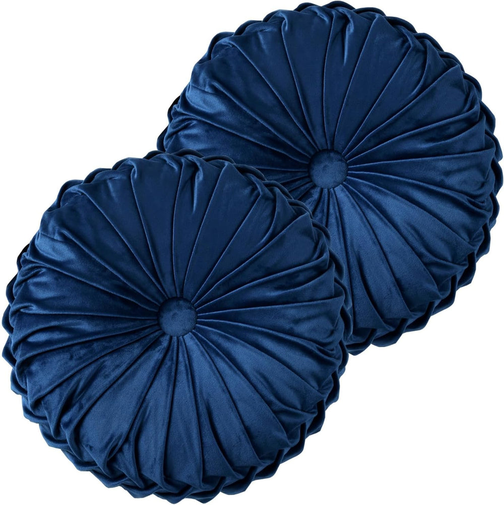 HIG Set of 2 Navy Velvet Decorative Round Pleated Throw Pillows