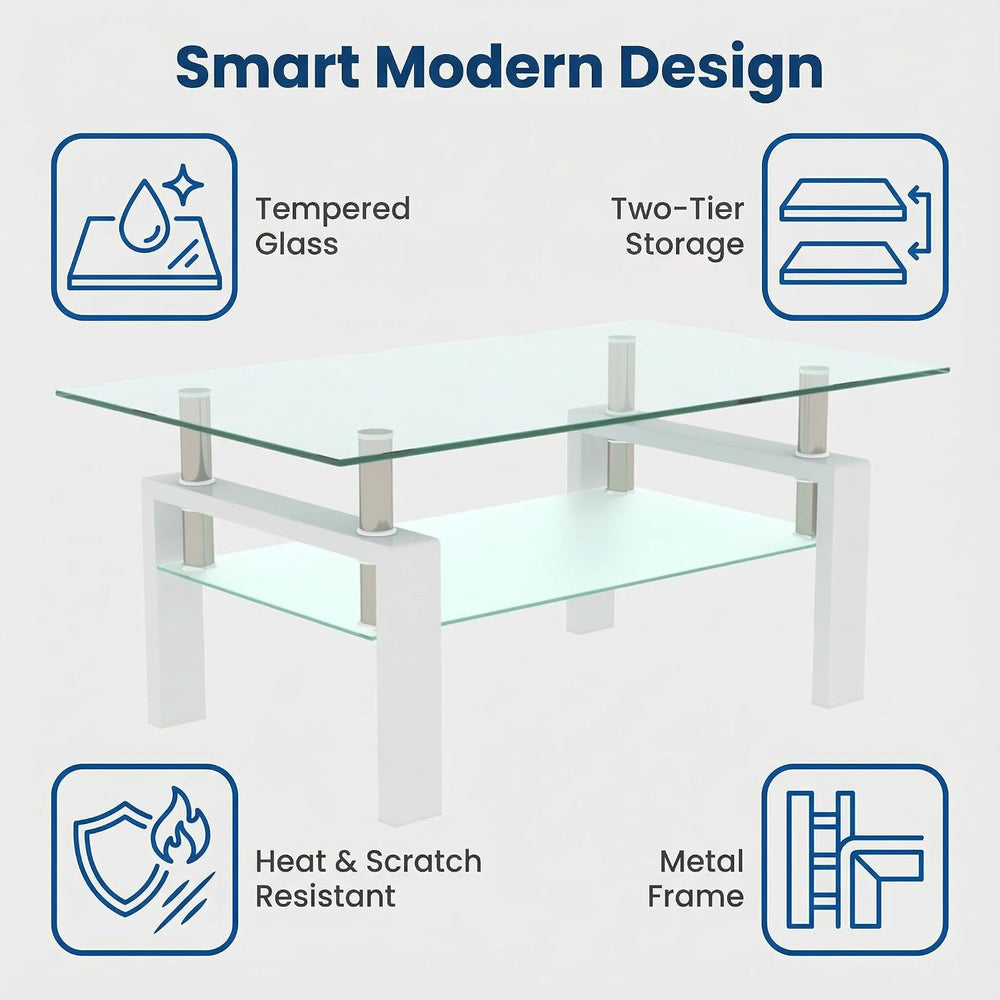 Glass Coffee Table for Living Room, Modern Coffee Table with Transparent Temp...