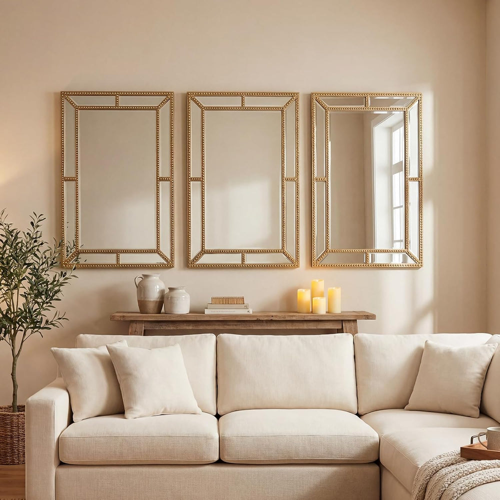 CHARMAID Gold Beaded Wall Mirror, 36"x24" Decorative Metal Framed V...