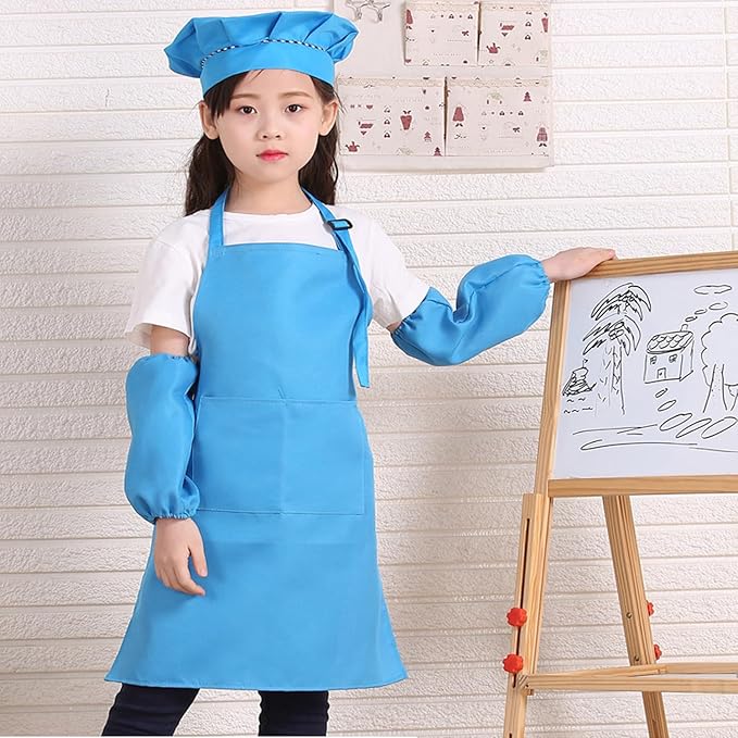 Kids Apron Set Chef Hat Sleeve Outfit Costume Toddler Girl Boy Aprons Cooking - Image 7