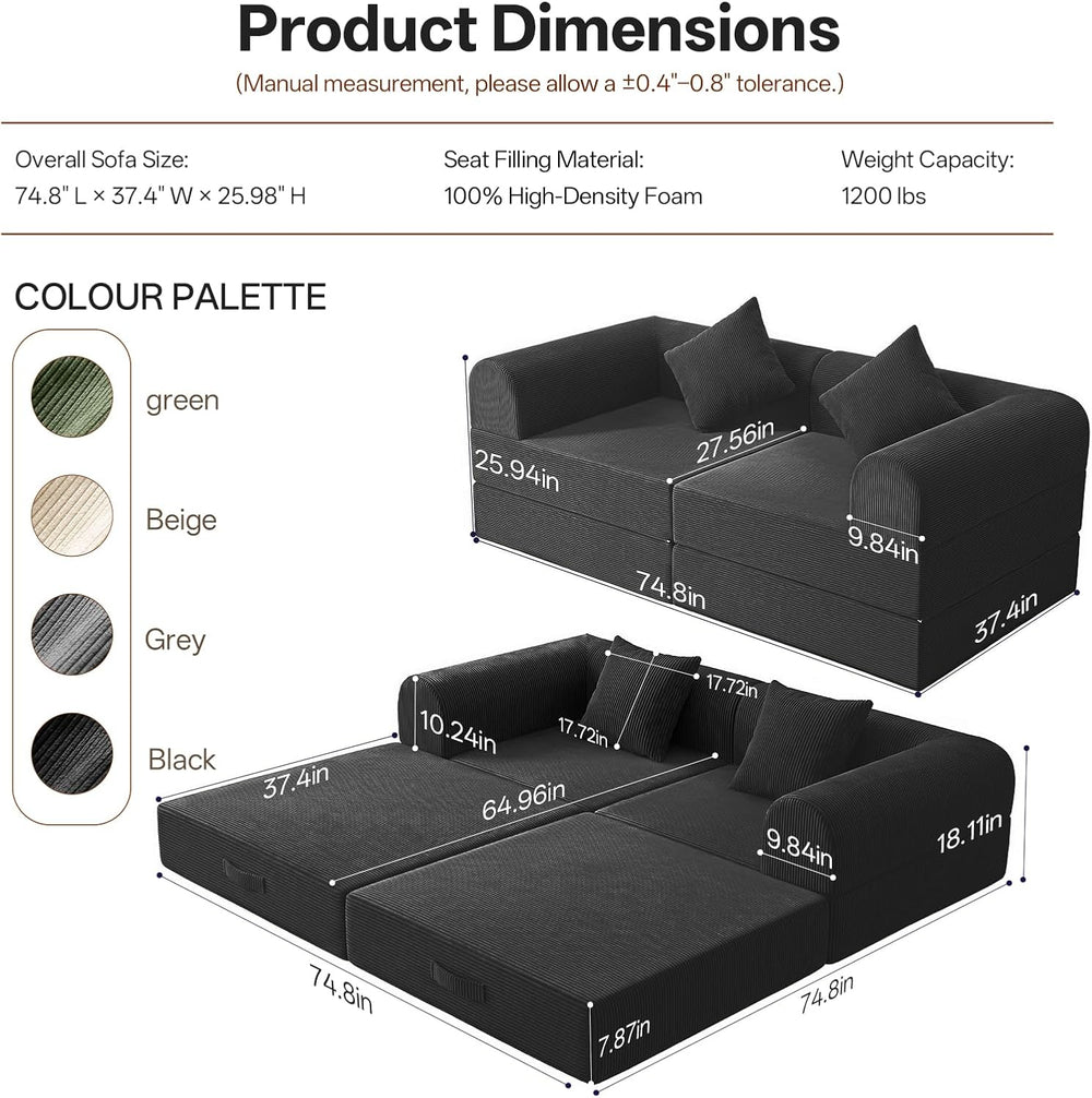 74.8’’Convertible Futon Sofa Bed, Boneless Couch for Living Room