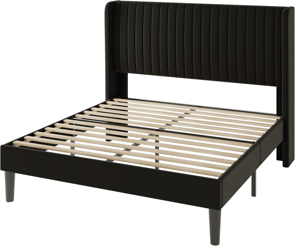 Allewie Full Size Velvet Bed Frame/Vertical Channel Tufted Wingback Headboard...
