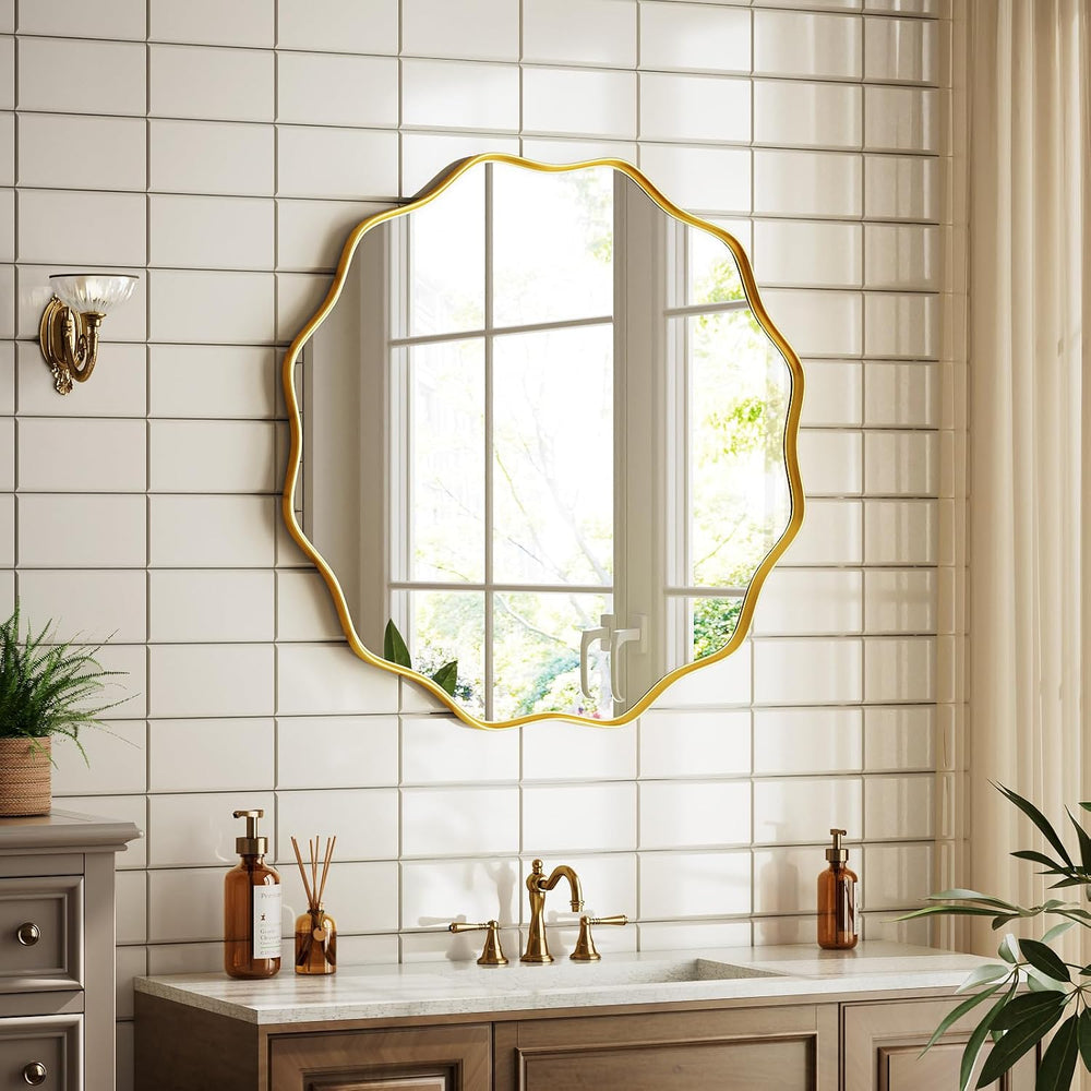 Gold Scalloped Circle Mirror, 24" Wavy Edge Round Wall Mirror