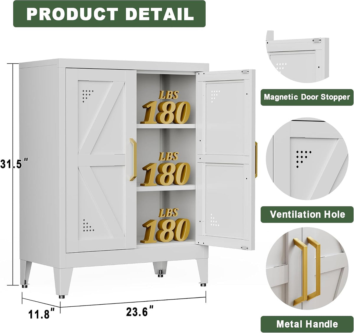 32" Metal Bathroom Storage Cabinet,Floor Storage Cabinet with 2 Doors and 2 Adjustable Shelves,Freestanding Sideboard for Small Spaces, Hallway, Dining Room,White