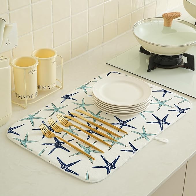 Coastal Dish Drying Mat 18x24 Inch Summer Navy Blue Teal Turquoise Starfish - Image 4
