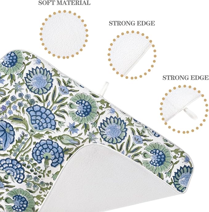 Vintage Blue Sage Green Floral Dish Drying Mat 18 x 24 Inch Boho Floral Drying - Image 7