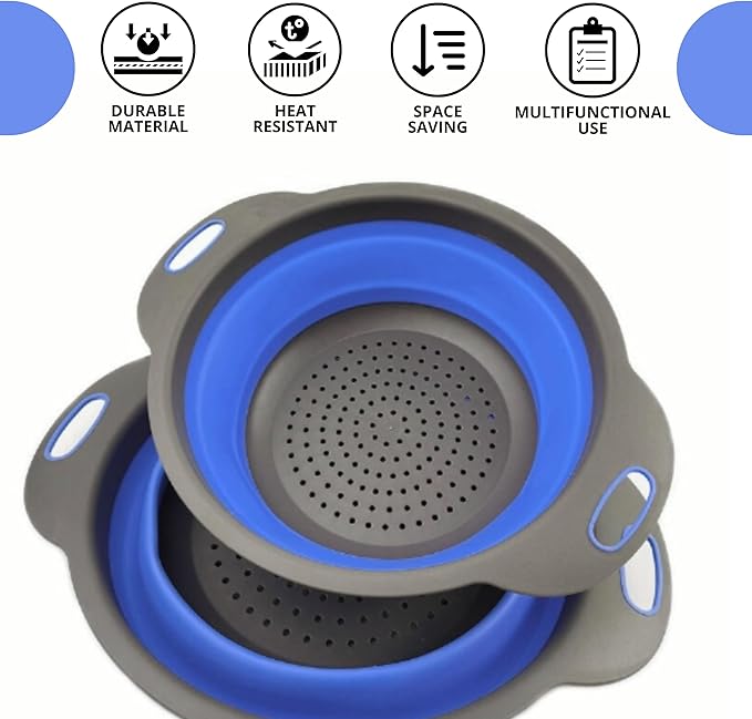 Round Silicone Blue Colander Collapsible – Foldable Kitchen Strainer Small - Image 4