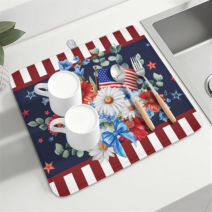 4th of July Dish Drying Mat for Kitchen Counter Patriotic Red Blue and White - Image 8