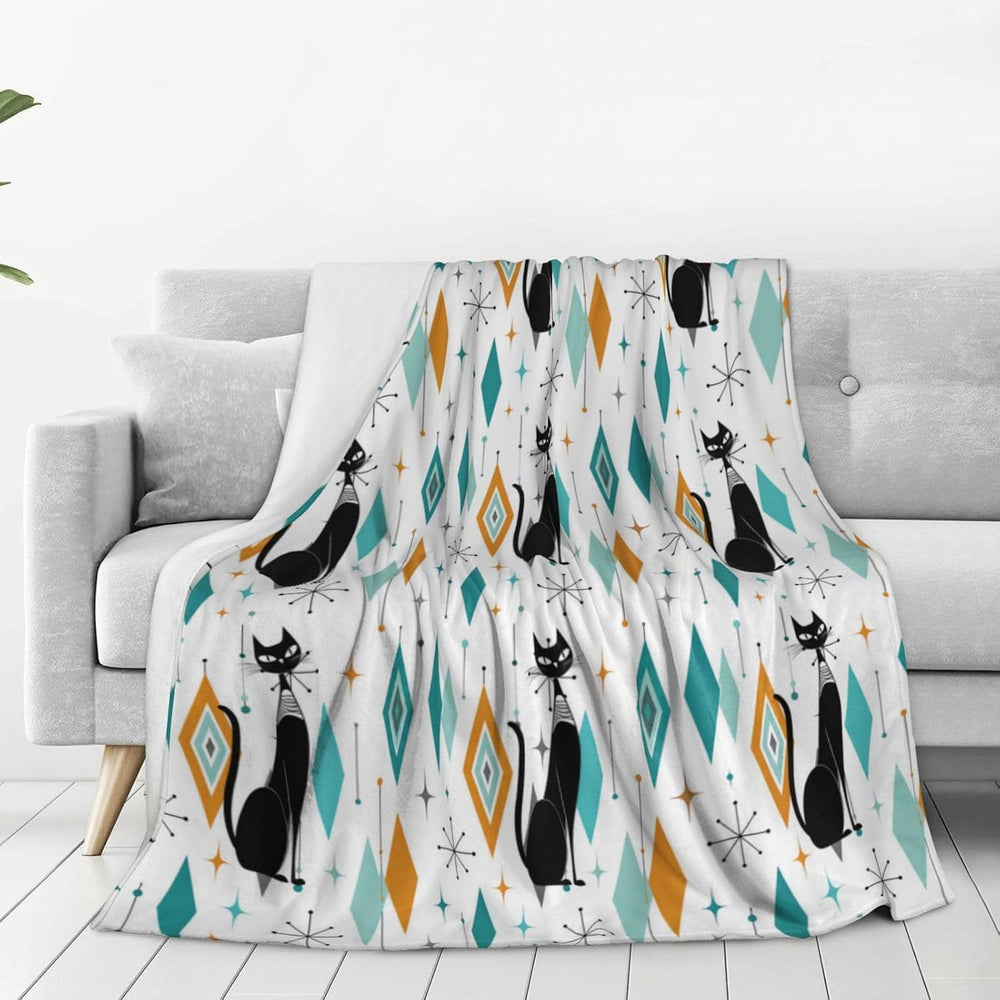 Mid Century Cat Fleece Throw Blanket Soft Flannel Plush Lightweight Warm Cozy...