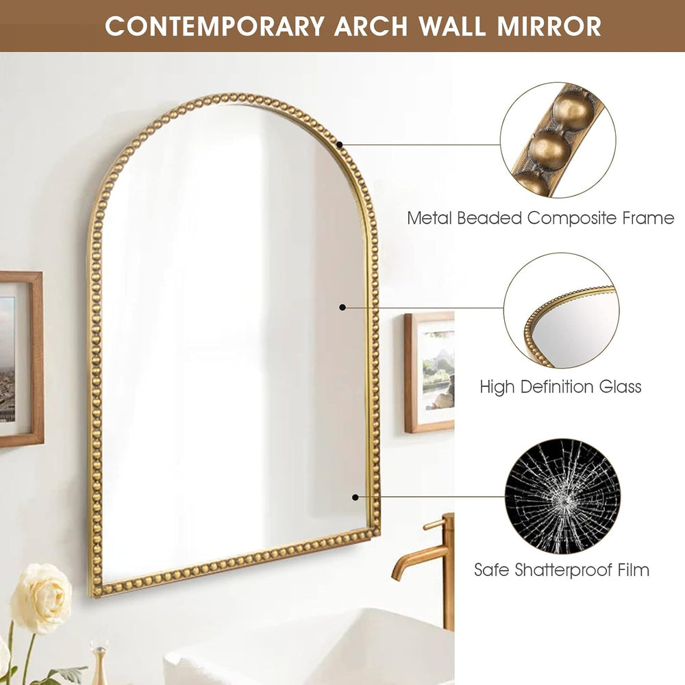Arched Wall Mirror for Bathroom, 20"x30" Metal Beaded Frame Decorat...