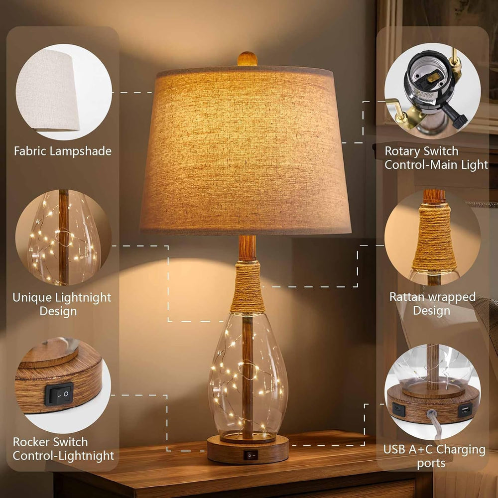 2 in 1 Bedside Table Lamps Set of 2, Farmhouse Glass Lamp, Wood-Like